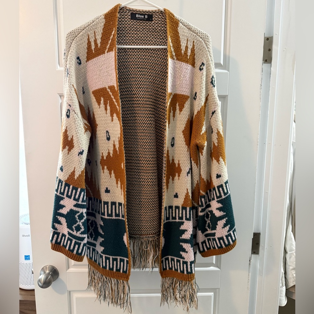 Blue B Open-Front Aztec Fringe Cardigan in Cream, Rust & Teal